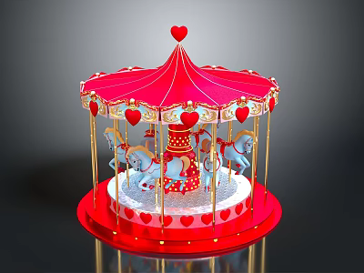 Kids Fun Red Carousel Ride with Blue Horses Heart Decor and Gold Frame 3d model