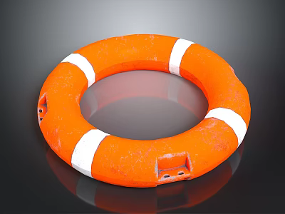 Orange Lifebuoy With White Stripes Textured Surface On Black Reflective Background 3d model