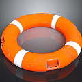 Orange Lifebuoy With White Stripes Textured Surface On Black Reflective Background