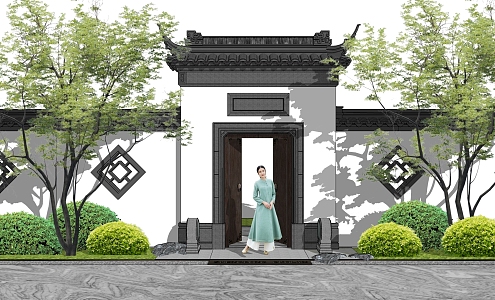 Classical Chinese Style Courtyard Door Head New Chinese Style Courtyard Door Villa Courtyard Entrance Door 3d model