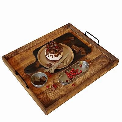 Chocolate Dessert with Cream Topping on Wooden Tray with Chocolate Pieces Red Berries and Sauce 3d model