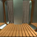 Modern Interior Design With Wooden Floor Metal Walls Curtains And Side Benches