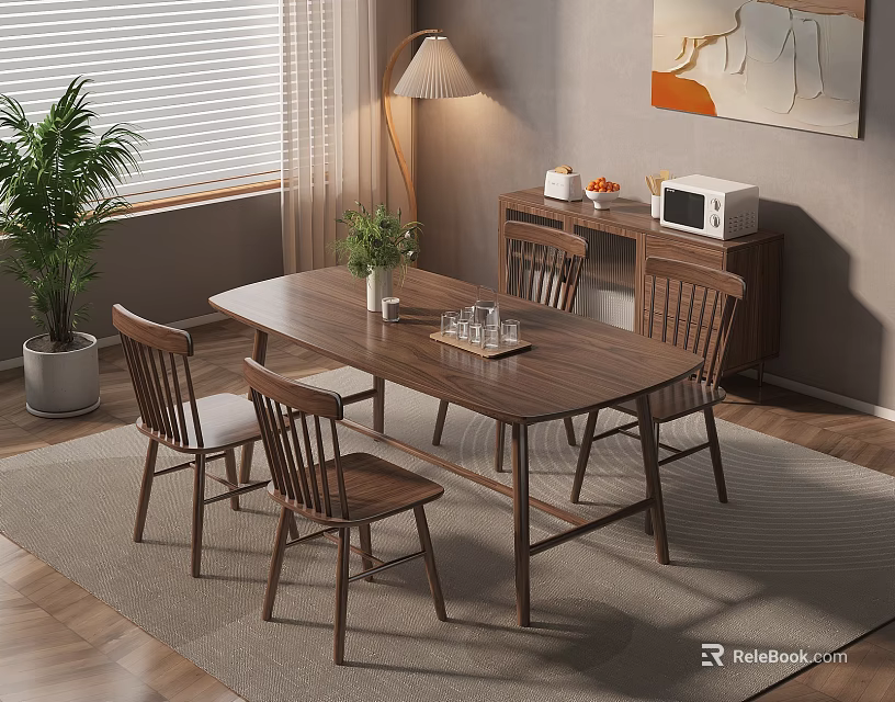 Modern Wooden Dining Table Set With Four Chairs And Sideboard In Cozy Room 3d model 