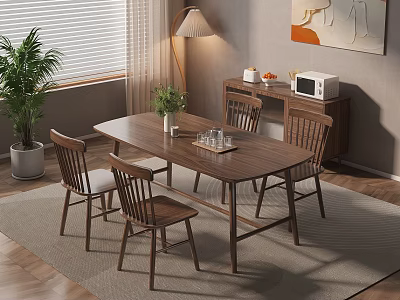 Modern Wooden Dining Table Set With Four Chairs And Sideboard In Cozy Room 3d model