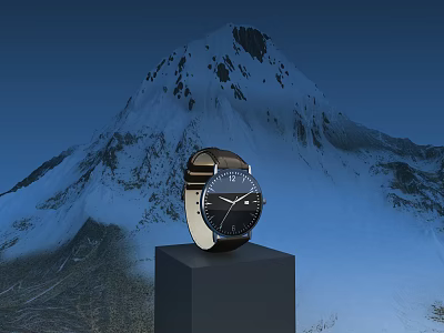 Elegant Watch On Black Cube Pedestal Against Snowy Mountain Blue Sky 3d model