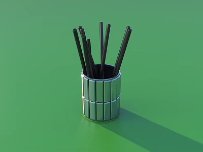Metal Cylindrical Pen Holder With Black Chopsticks On Green Background Modern Design 3d model