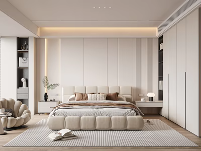 Modern Bedroom Interior With Upholstered Headboard Nightstands Striped Rug Accent Chair And Wardrobe 3d model