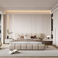 Modern Bedroom Interior With Upholstered Headboard Nightstands Striped Rug Accent Chair And Wardrobe