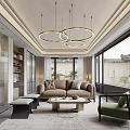 Modern Living Dining Area With Circular Pendant Lights Large Windows Beige Sofa And Green Armchair