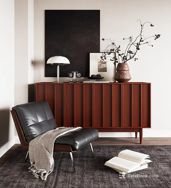 Modern Entryway Side Cabinet With Ribbed Wooden Design And Decorative Chair Lamp Vase 3d model 
