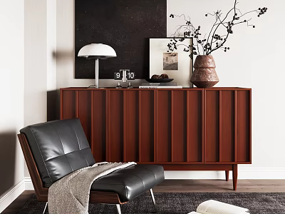 Modern Entryway Side Cabinet With Ribbed Wooden Design And Decorative Chair Lamp Vase 3d model