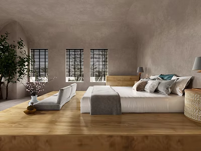 Minimalist Hotel Room Interior With Arched Ceiling Large Windows Wooden Floor And White Bed 3d model