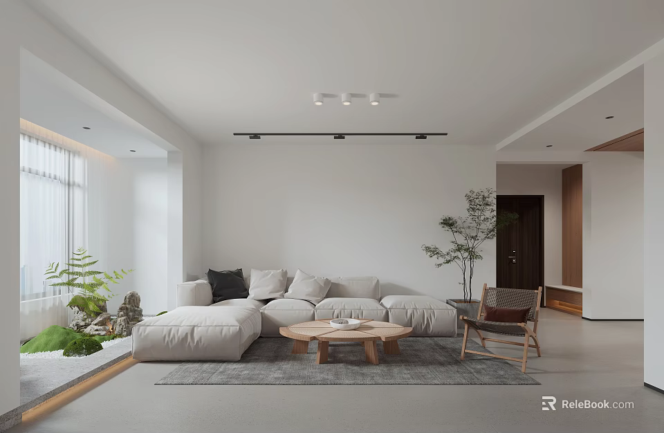 Modern Living Dining Room With Light Gray Sofa Wooden Coffee Table And Green Plants 3d model 