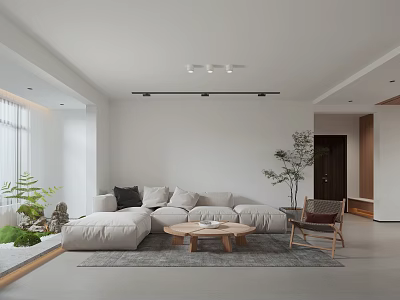 Modern Living Dining Room With Light Gray Sofa Wooden Coffee Table And Green Plants 3d model
