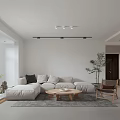 Modern Living Dining Room With Light Gray Sofa Wooden Coffee Table And Green Plants