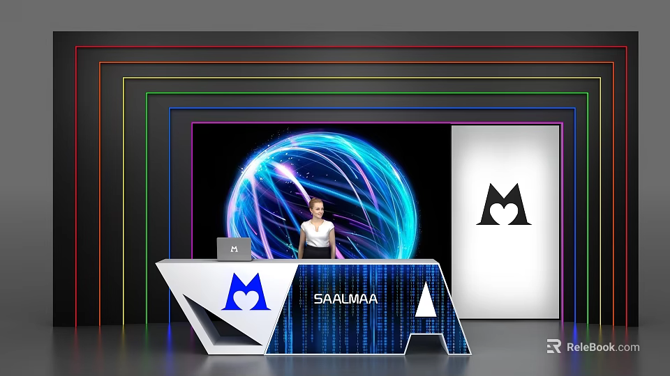 Modern Reception Desk With Neon Lights Blue Glowing Sphere Logo And White Attendant 3d model 