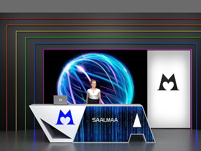 Modern Reception Desk With Neon Lights Blue Glowing Sphere Logo And White Attendant 3d model
