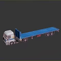 Blue and White Flatbed Truck With Multiple Wheels On Reflective Black Surface 3d model