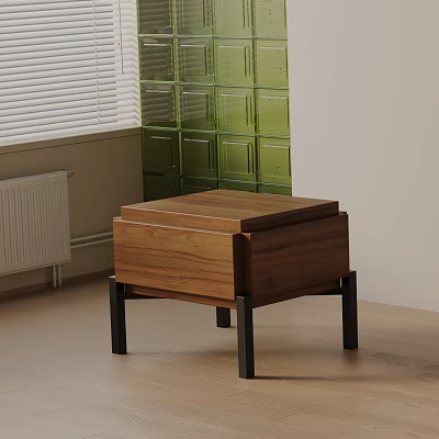 Modern Wooden Bedside Table With Drawers And Black Metal Legs In Bedroom 3d model