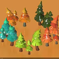 Colorful Layered Fan Shaped Trees With Brown Trunks In Irregular Circular Arrangement On Orange Background
