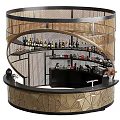 Modern Commercial Bar Equipment With Metal Mesh Shelves Bottles Coffee Machines And Geometric Counter