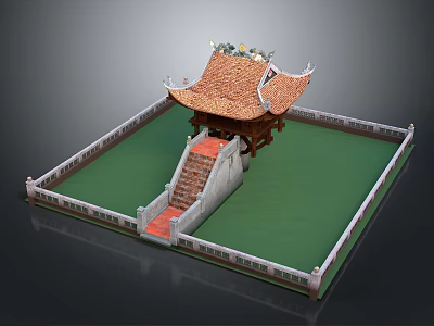 Traditional Pavilion Architecture With Curved Eaves Red Tiles Green Courtyard Stone Steps And White Fence 3d model