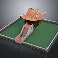 Traditional Pavilion Architecture With Curved Eaves Red Tiles Green Courtyard Stone Steps And White Fence
