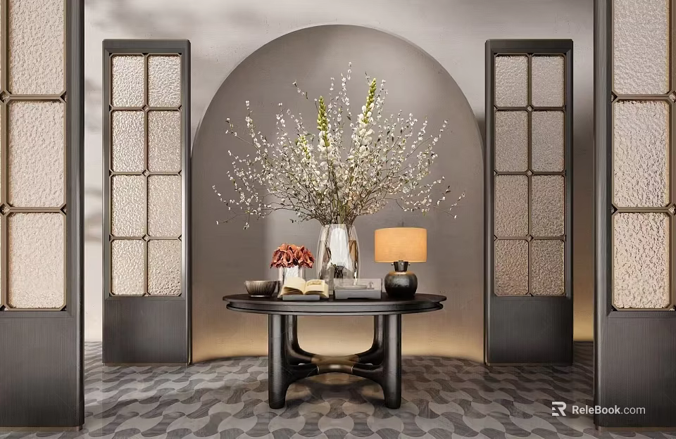 Elegant Console Table With Flower Vase Table Lamp And Arched Background Design 3d model 