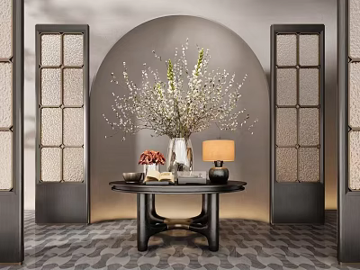 Elegant Console Table With Flower Vase Table Lamp And Arched Background Design 3d model