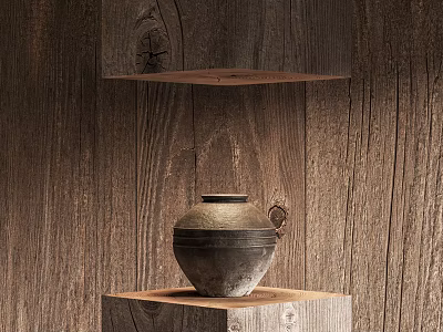 Rustic Ceramic Vessel Placed On Wooden Shelf Against Natural Wooden Wall Background 3d model