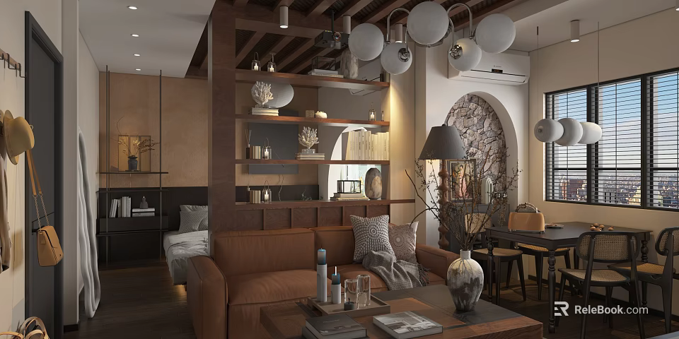 Stylish Living Room Interior With Brown Sofa Coffee Table Decorative Vase And Stone Wall 3d model 