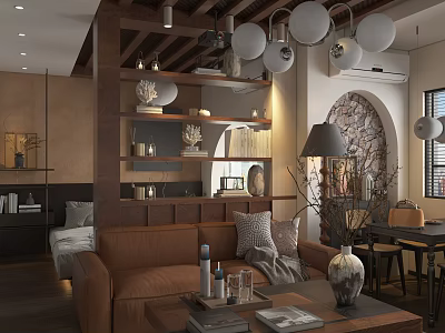 Stylish Living Room Interior With Brown Sofa Coffee Table Decorative Vase And Stone Wall 3d model