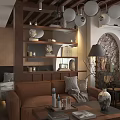 Stylish Living Room Interior With Brown Sofa Coffee Table Decorative Vase And Stone Wall