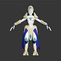 White and Blue Sci Fi Game Character With Gold Armor and Glowing Accents