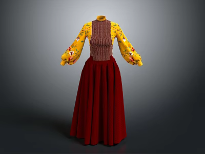 Elegant Traditional Dress With Yellow Floral Sleeves Brown Striped Bodice And Red Long Skirt 3d model