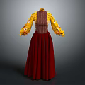 Elegant Traditional Dress With Yellow Floral Sleeves Brown Striped Bodice And Red Long Skirt