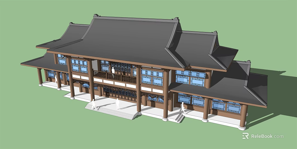 Traditional Chinese Style Office Building With Sloped Roof Wooden Structure And Blue Windows 3d model 