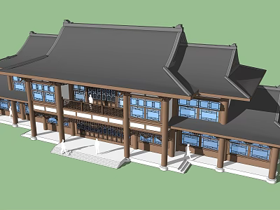 Traditional Chinese Style Office Building With Sloped Roof Wooden Structure And Blue Windows 3d model