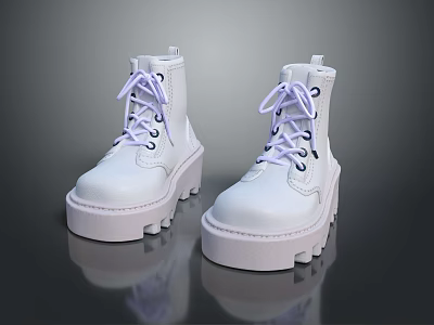 Stylish White High Top Platform Boots With Purple Laces And Thick Sole 3d model