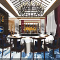 Chinese Style Clubhouse Interior With Mahogany Furniture Red Walls Chandelier And Circular Decor