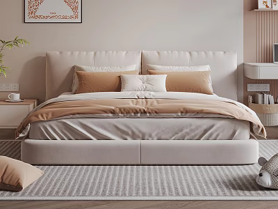 Beige Double Bed with Multiple Pillows Bedspread and Bedside Tables in Modern Bedroom Interior 3d model