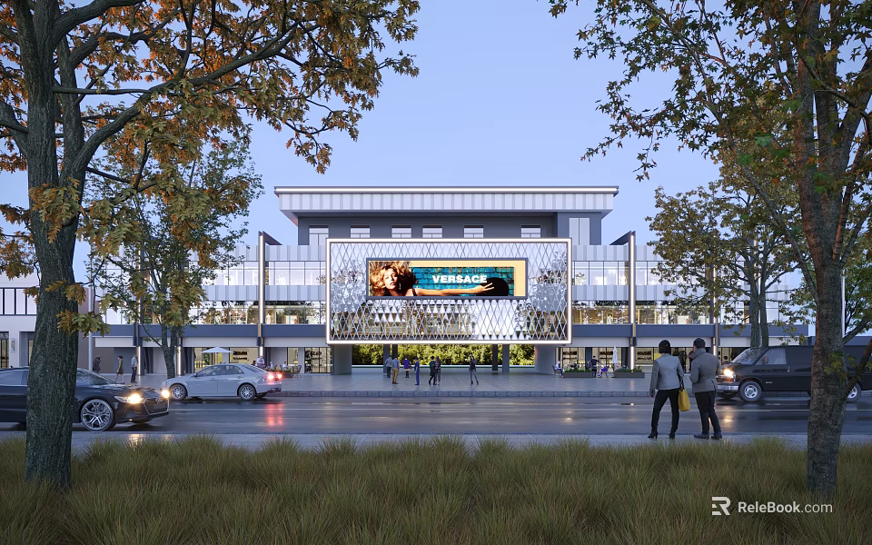 Modern Commercial Street with Shopping Mall Retail Stores Pedestrians Cars and Large Digital Screen 3d model 