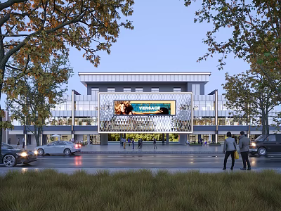 Modern Commercial Street with Shopping Mall Retail Stores Pedestrians Cars and Large Digital Screen 3d model