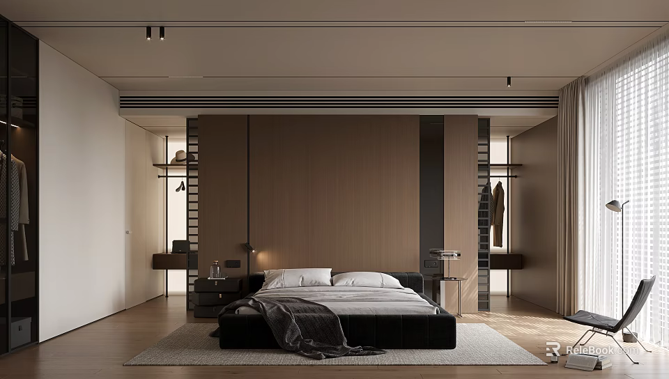 Modern Bedroom Interior With Black Bed Wooden Accent Wall And Minimalist Design 3d model 