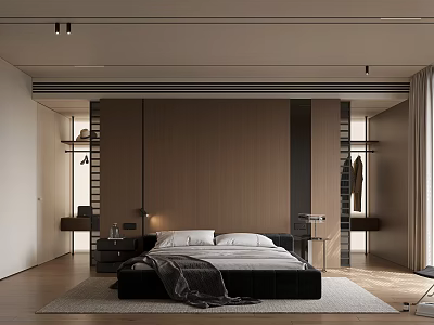 Modern Bedroom Interior With Black Bed Wooden Accent Wall And Minimalist Design 3d model