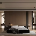 Modern Bedroom Interior With Black Bed Wooden Accent Wall And Minimalist Design