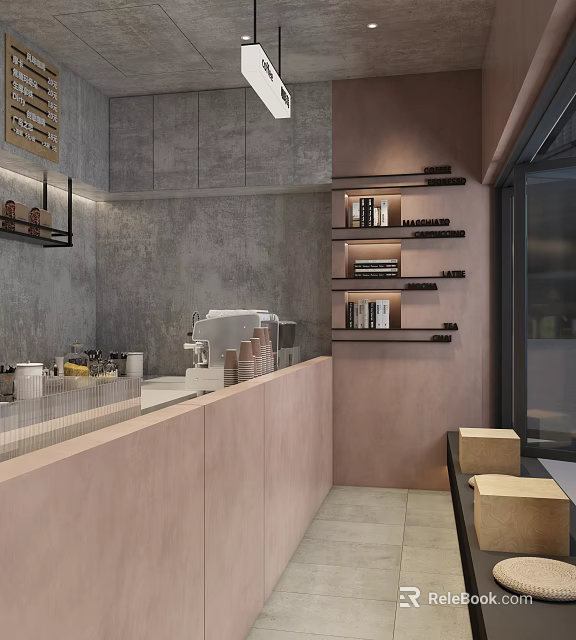 Modern Minimalist Milk Tea Shop Interior With Pink Counter Gray Shelves And Drinks 3d model 