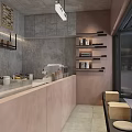 Modern Minimalist Milk Tea Shop Interior With Pink Counter Gray Shelves And Drinks
