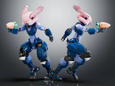 Smart Robot With Blue Mechanical Armor And Pink Rabbit Ear Headgear Holding Carrot 3d model