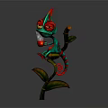 Colorful Chameleon With Vibrant Red And Green Colors Coiled Tail On Plant Stem Leaves